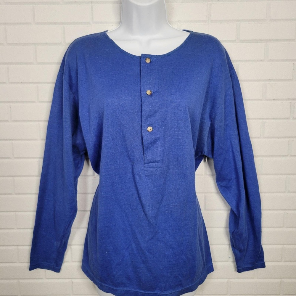 Vintage 1980s Henley Shirt Ralph Lauren L Ramie Cotton Unisex Casual Preppy Blue